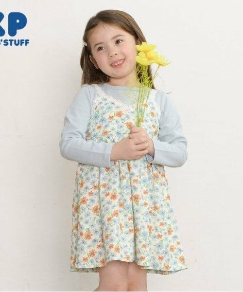 KP / ケーピー ミニ丈・ひざ丈ワンピース | KP コスモス柄レイヤード風長袖ワンピース(80～150)（ブルー）