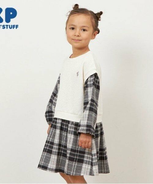 KP / ケーピー ミニ丈・ひざ丈ワンピース | KP レイヤード風チェックワンピース(90～160)（オフ ホワイト）
