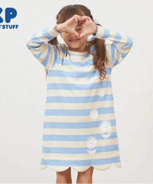 KP / ケーピー ミニ丈・ひざ丈ワンピース | KP 太ボーダー裾スカラップワンピース(90～160)（サックス）