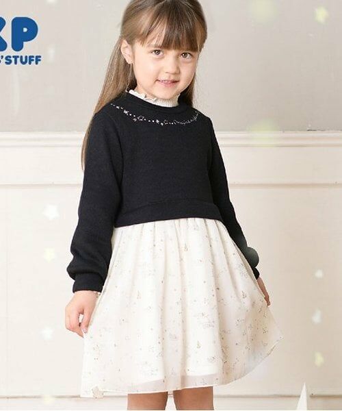 KP / ケーピー ミニ丈・ひざ丈ワンピース | KP 星座柄シフォンワンピース(90～150)（黒）