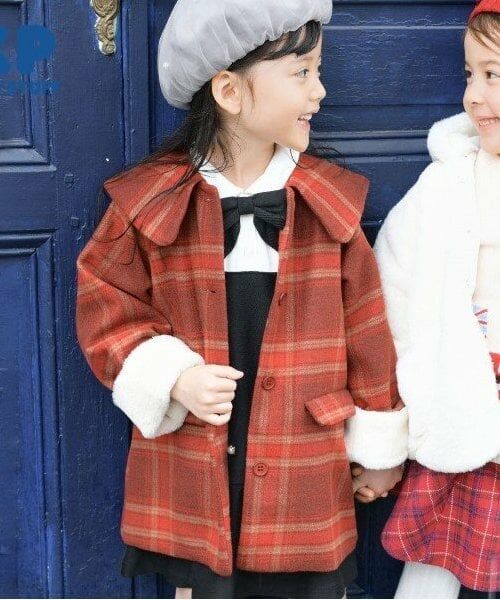 KP / ケーピー その他アウター | KP(ケーピー)ビッグカラーウールチェックコート(90～130)（赤）