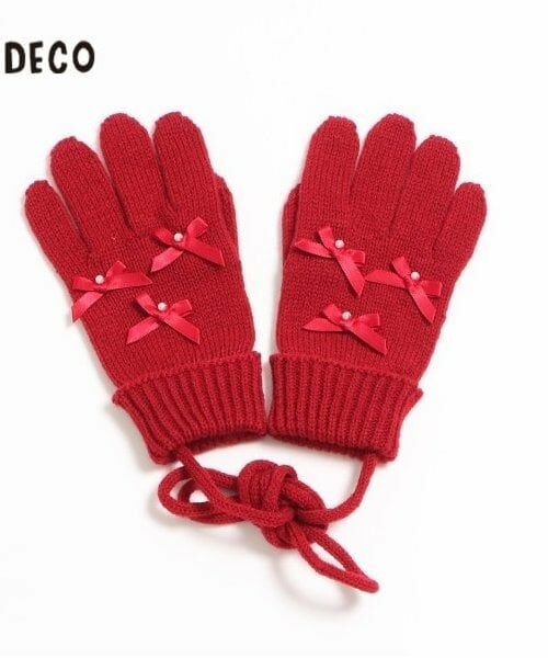 KP / ケーピー 手袋 | KPDECO(ケーピーデコ)パールリボン付きニット手袋(M～L)（赤）