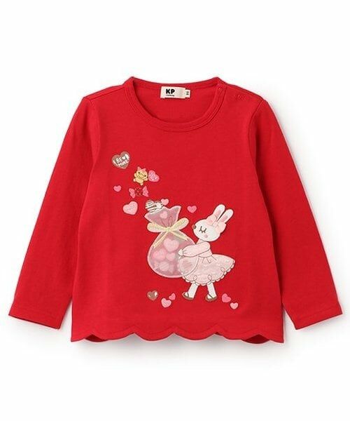 KP / ケーピー Tシャツ | バレンタインmimiアップリケ長袖Tシャツ（赤）