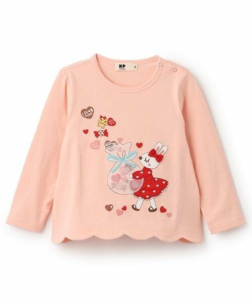 KP / ケーピー Tシャツ | バレンタインmimiアップリケ長袖Tシャツ（ピーチ）