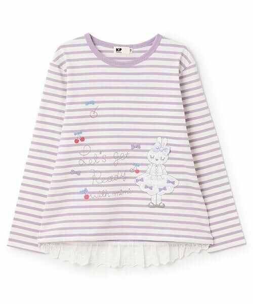 KP / ケーピー Tシャツ | mimiアップリケボーダー長袖Tシャツ（パープル）
