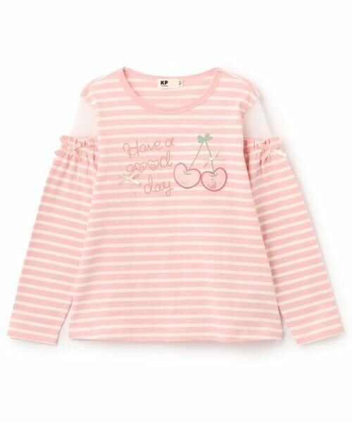 KP / ケーピー Tシャツ | 肩チュールボーダー長袖Tシャツ（ピンク）