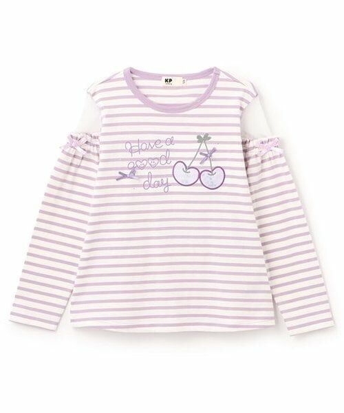 KP / ケーピー Tシャツ | 肩チュールボーダー長袖Tシャツ（パープル）