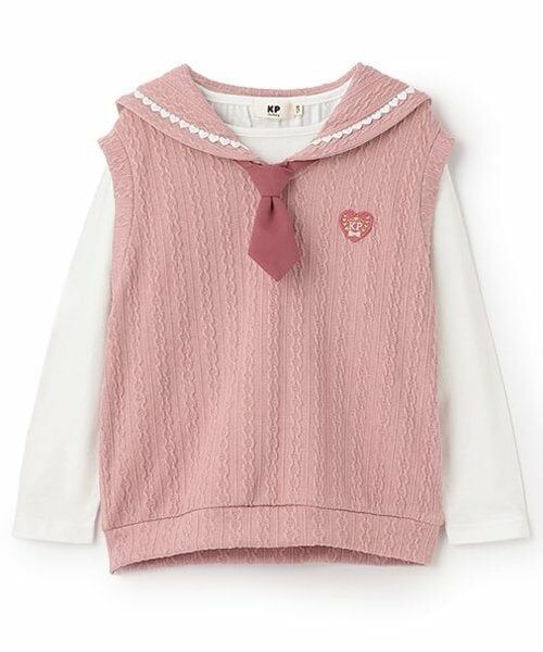 KP / ケーピー Tシャツ | ネクタイつきセーラーベスト&長袖Tシャツ2枚セット（ピンク）