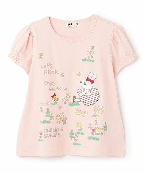 KP / ケーピー Tシャツ | ピクニックmimiアップリケ　半袖Tシャツ（ピンク）