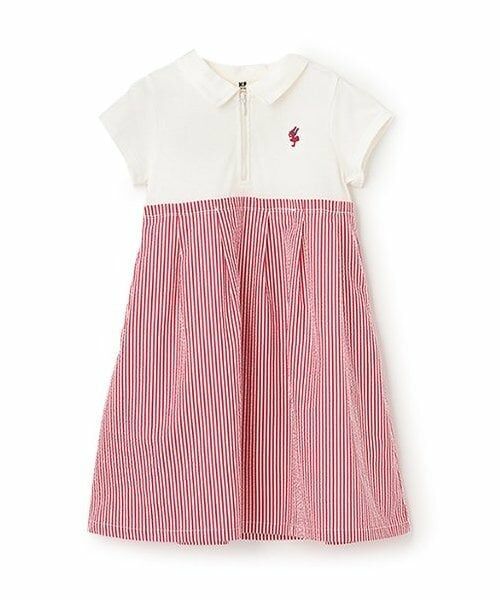 KP / ケーピー ミニ丈・ひざ丈ワンピース | 前ファスナー開きサッカーストライプワンピース（赤）