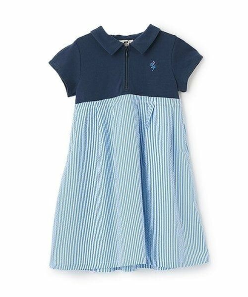 KP / ケーピー ミニ丈・ひざ丈ワンピース | 前ファスナー開きサッカーストライプワンピース（ブルー）