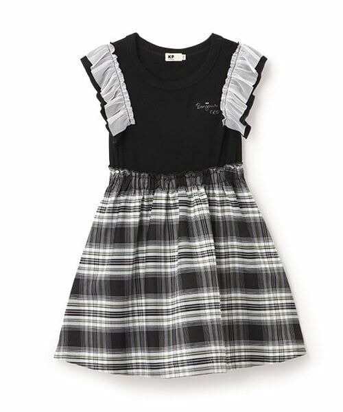 KP / ケーピー ミニ丈・ひざ丈ワンピース | チェックドッキング　袖フリルワンピース（黒）