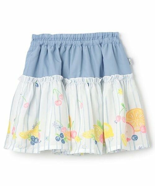 KP / ケーピー ミニ・ひざ丈スカート | シフォンフルーツ柄プリント スカート(ブルー)