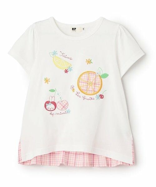 KP / ケーピー Tシャツ | 先染めチェック フルーツアップリケ 半袖Ｔシャツ（オフ ホワイト）
