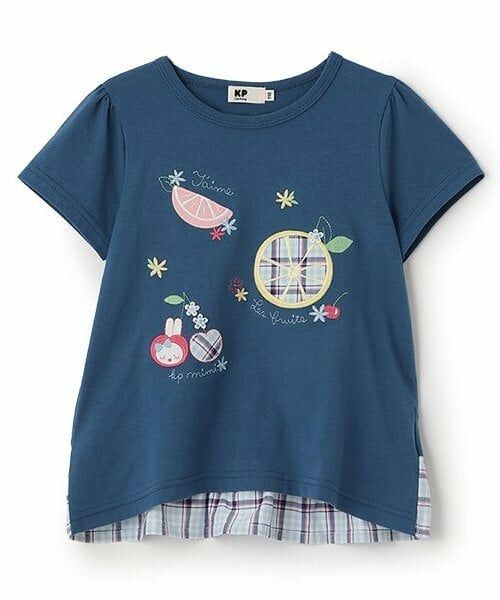 KP / ケーピー Tシャツ | 先染めチェック フルーツアップリケ 半袖Ｔシャツ（紺）