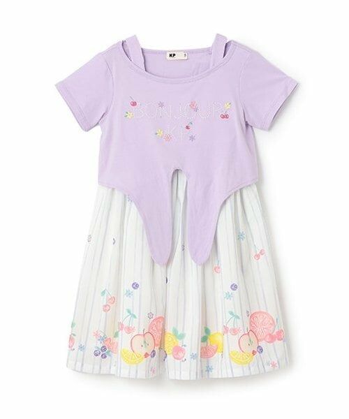 KP / ケーピー ミニ丈・ひざ丈ワンピース | シフォン フルーツ柄プリント ワンピース（パープル）