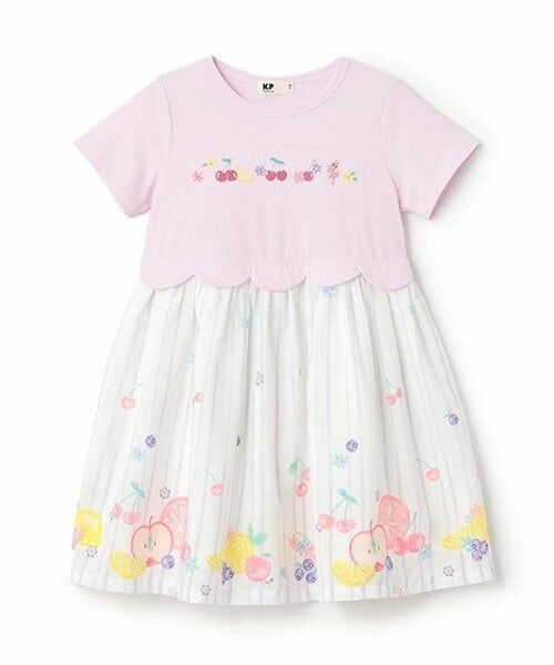 KP / ケーピー ミニ丈・ひざ丈ワンピース | シフォン フルーツ柄プリント ワンピース（ラベンダー）
