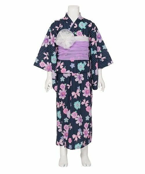 KP / ケーピー 着物・浴衣・小物類 | ワンピースにもなる2WAY浴衣 ストライプ×花リボン柄（紺）