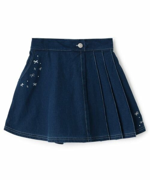 KP / ケーピー ショート・ハーフ・半端丈パンツ | ニットデニム プリーツ ラップキュロット(紺)