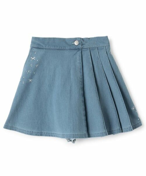 KP / ケーピー ショート・ハーフ・半端丈パンツ | ニットデニム プリーツ ラップキュロット(ブルー)