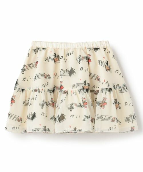 KP / ケーピー ミニ・ひざ丈スカート | 音符柄プリント シフォン スカート（アイボリー）
