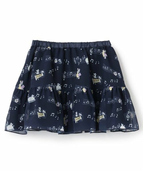 KP / ケーピー ミニ・ひざ丈スカート | 音符柄プリント シフォン スカート（紺）