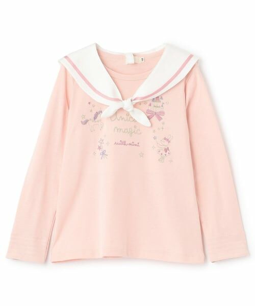 KP / ケーピー Tシャツ | キラキラユニコーン刺シュウ セーラー衿長袖Tシャツ（ピンク）