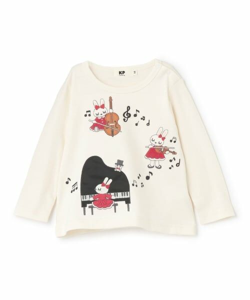 KP / ケーピー Tシャツ | mimiちゃん ピアノアップリケ 長袖Tシャツ（オフ ホワイト）