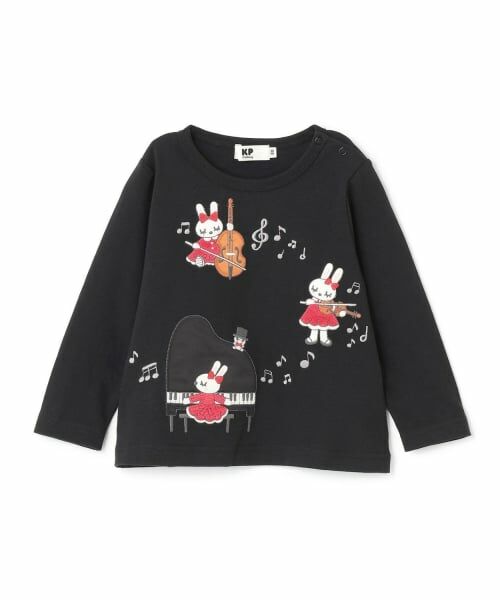 KP / ケーピー Tシャツ | mimiちゃん ピアノアップリケ 長袖Tシャツ（黒）