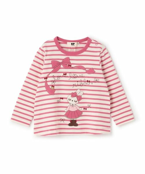 KP / ケーピー Tシャツ | mimiちゃんアップリケ ボーダー長袖Tシャツ（ピンク）