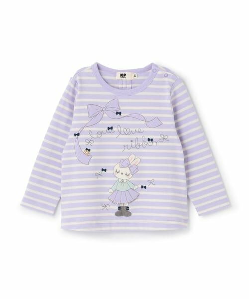KP / ケーピー Tシャツ | mimiちゃんアップリケ ボーダー長袖Tシャツ（ラベンダー）
