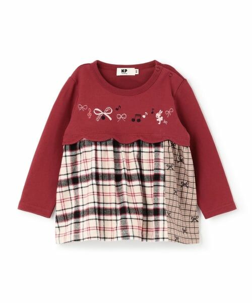 KP / ケーピー その他トップス | リボン×チェック スカラップ切り替え 長袖チュニック（赤）
