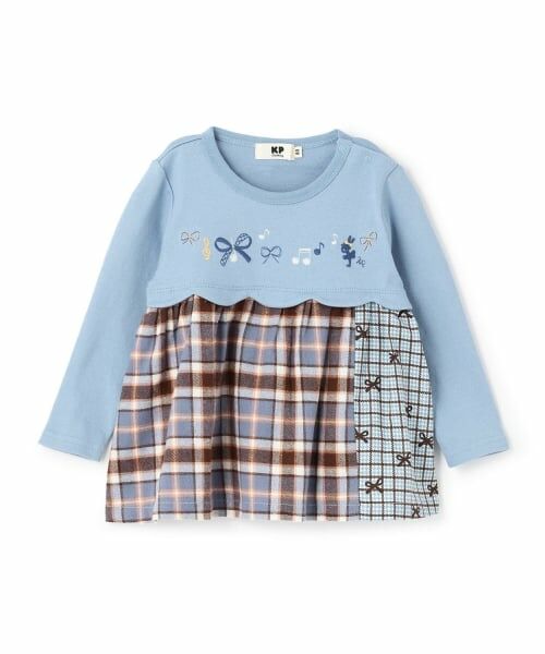 KP / ケーピー その他トップス | リボン×チェック スカラップ切り替え 長袖チュニック（ブルー）