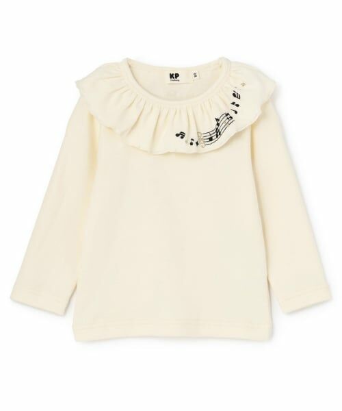 KP / ケーピー Tシャツ | 音符刺シュウ フリル衿フライス微起毛長袖Tシャツ（オフ ホワイト）