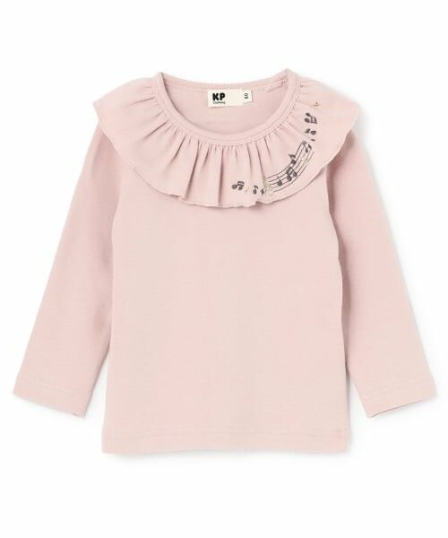 KP / ケーピー Tシャツ | 音符刺シュウ フリル衿フライス微起毛長袖Tシャツ（ピンク）
