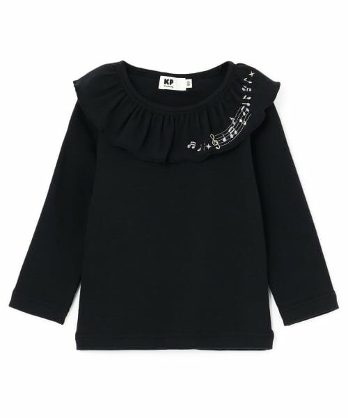 KP / ケーピー Tシャツ | 音符刺シュウ フリル衿フライス微起毛長袖Tシャツ（黒）
