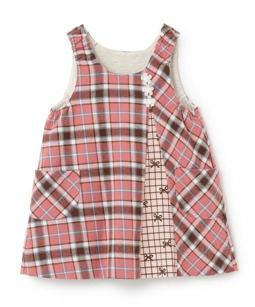 KP / ケーピー ミニ丈・ひざ丈ワンピース | チェック×mimiちゃん刺しゅう リバーシブルジャンスカ（ピンク）