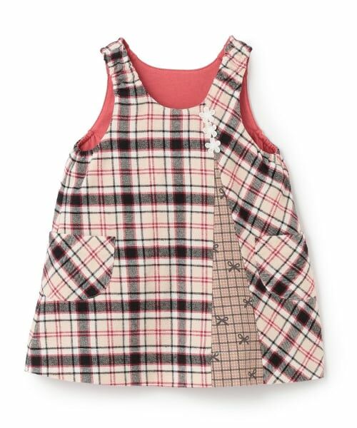 KP / ケーピー ミニ丈・ひざ丈ワンピース | チェック×mimiちゃん刺しゅう リバーシブルジャンスカ（ベージュ）