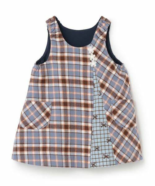 KP / ケーピー ミニ丈・ひざ丈ワンピース | チェック×mimiちゃん刺しゅう リバーシブルジャンスカ（ブルー）