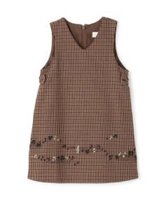 KP / ケーピー ミニ丈・ひざ丈ワンピース | 音符刺シュウ チェックジャンパースカート