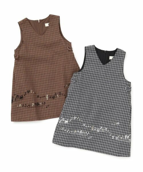 KP / ケーピー ミニ丈・ひざ丈ワンピース | 音符刺シュウ チェックジャンパースカート | 詳細10