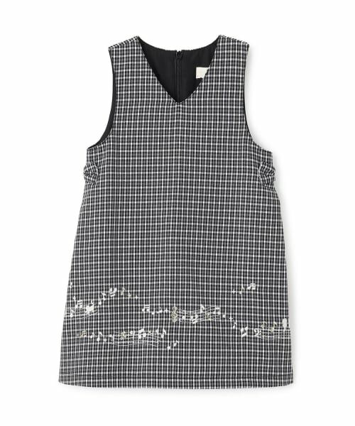 KP / ケーピー ミニ丈・ひざ丈ワンピース | 音符刺シュウ チェックジャンパースカート（黒）