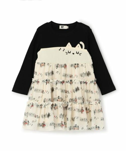 KP / ケーピー ミニ丈・ひざ丈ワンピース | 音符柄シフォン ティアードワンピース（アイボリー）