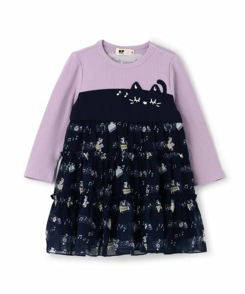 KP / ケーピー ミニ丈・ひざ丈ワンピース | 音符柄シフォン ティアードワンピース（紺）