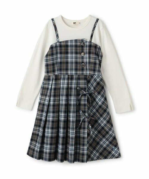 KP / ケーピー ミニ丈・ひざ丈ワンピース | レイヤード風チェックワンピース（紺）