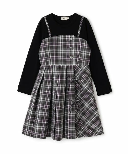 KP / ケーピー ミニ丈・ひざ丈ワンピース | レイヤード風チェックワンピース（チャコール）