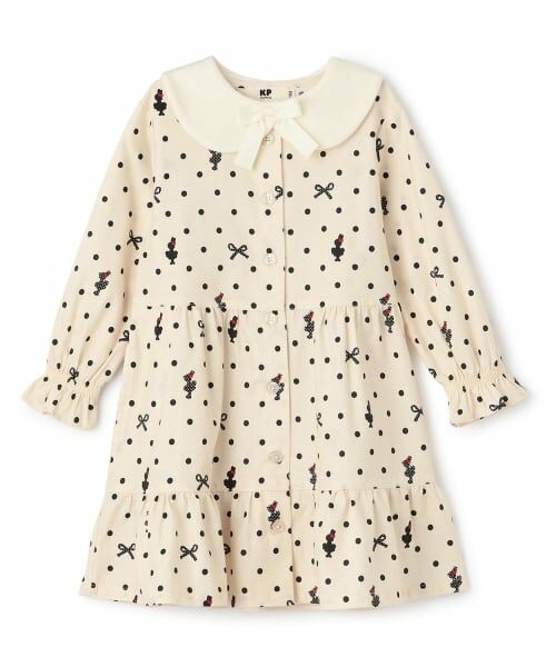 KP / ケーピー ミニ丈・ひざ丈ワンピース | ドットリボン柄ビエラワンピース 【ティペット付き】（アイボリー）