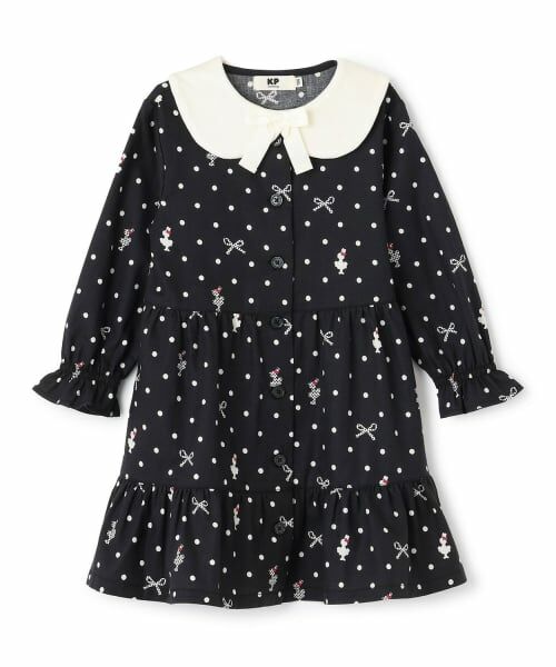 KP / ケーピー ミニ丈・ひざ丈ワンピース | ドットリボン柄ビエラワンピース 【ティペット付き】（黒）