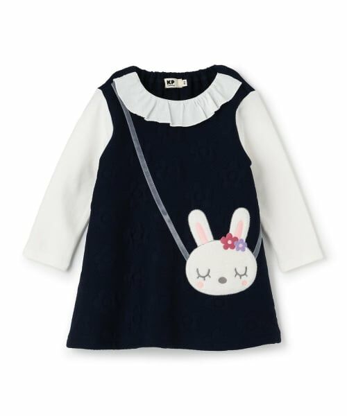 KP / ケーピー ミニ丈・ひざ丈ワンピース | mimiちゃんポシェット風 花キルトワンピース（紺）