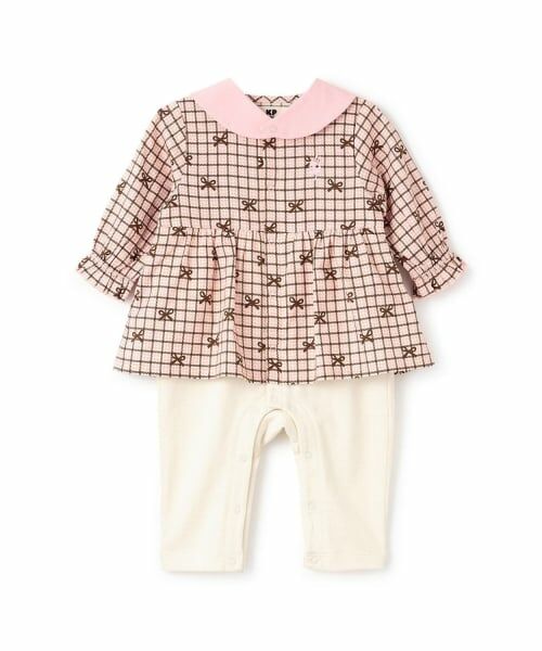 KP / ケーピー ロンパース | リボンチェック×天竺 カバーオール 【別衿付き】(ピンク)